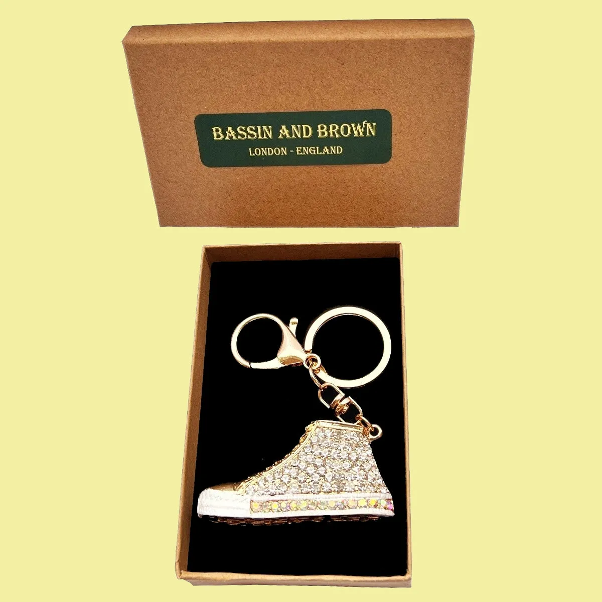 Bassin and Brown Crystal Rhinestone Sneaker Keyring - White and Gold