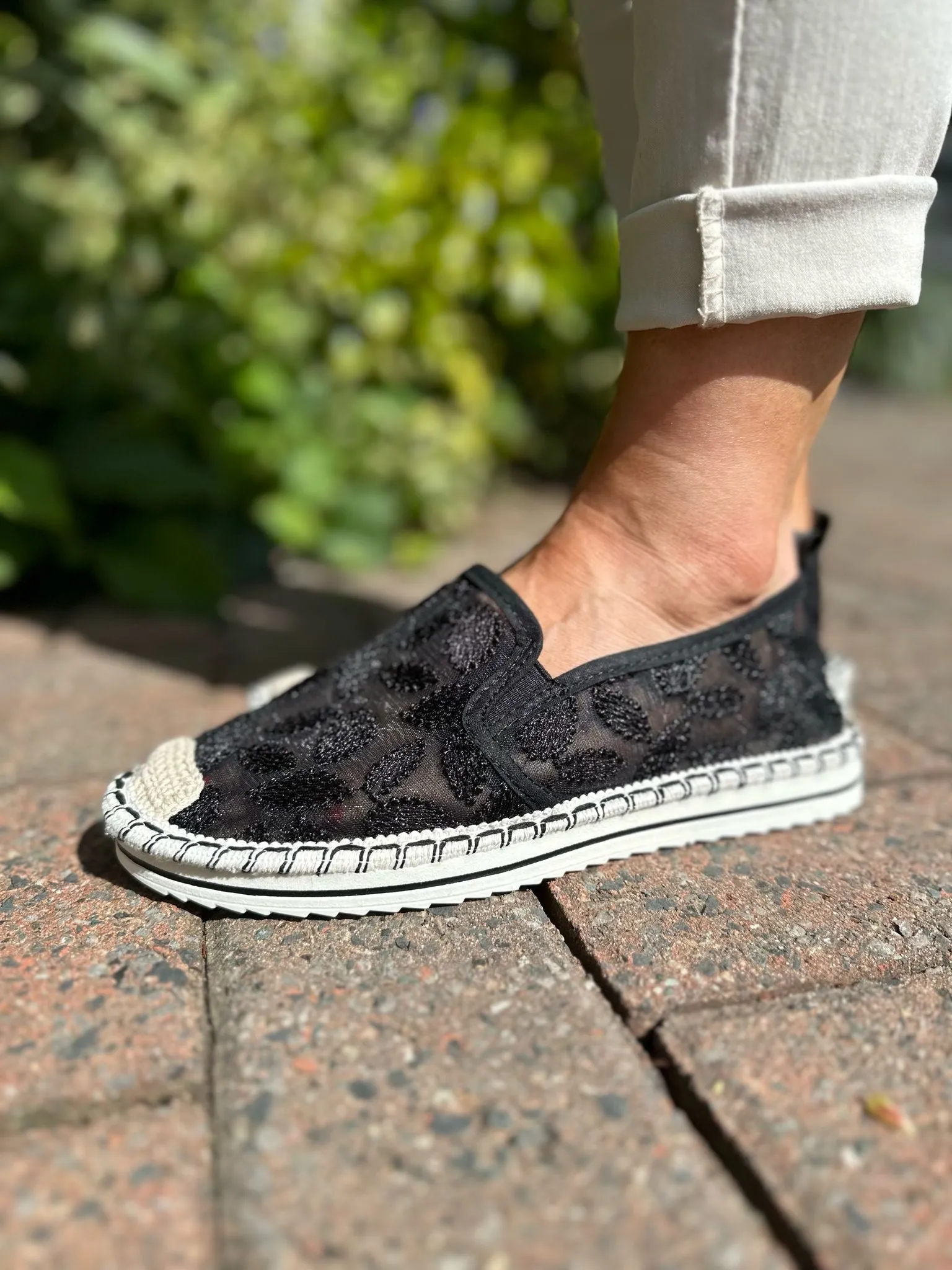 Black Embroidered Mesh Espadrilles