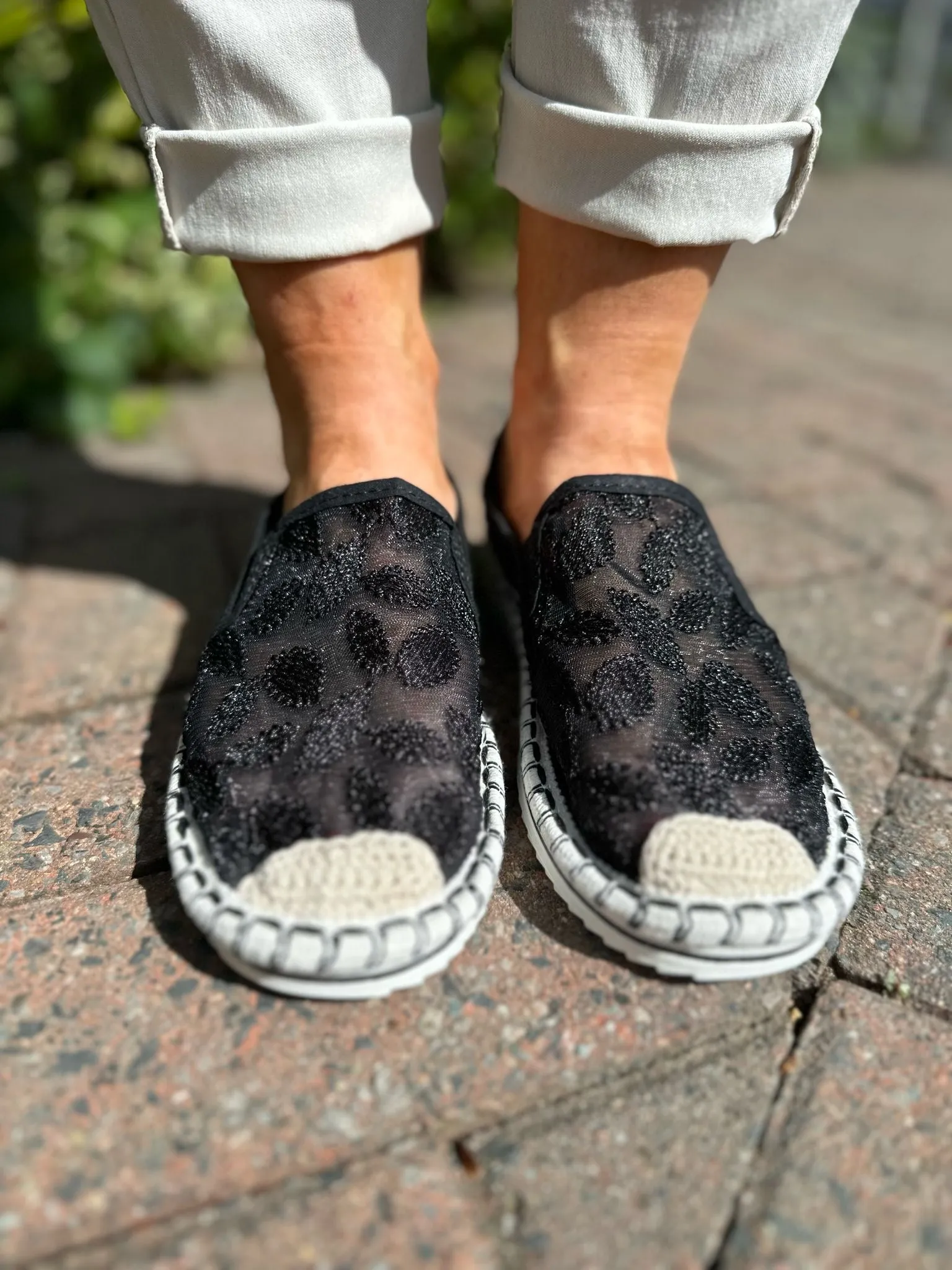 Black Embroidered Mesh Espadrilles