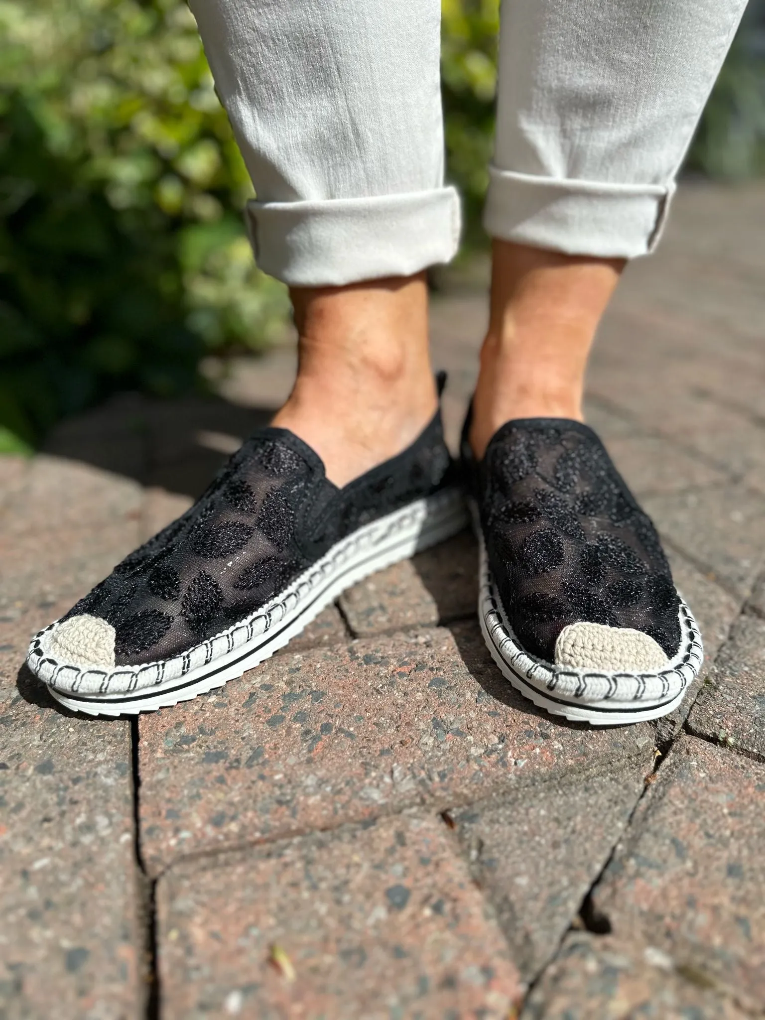Black Embroidered Mesh Espadrilles