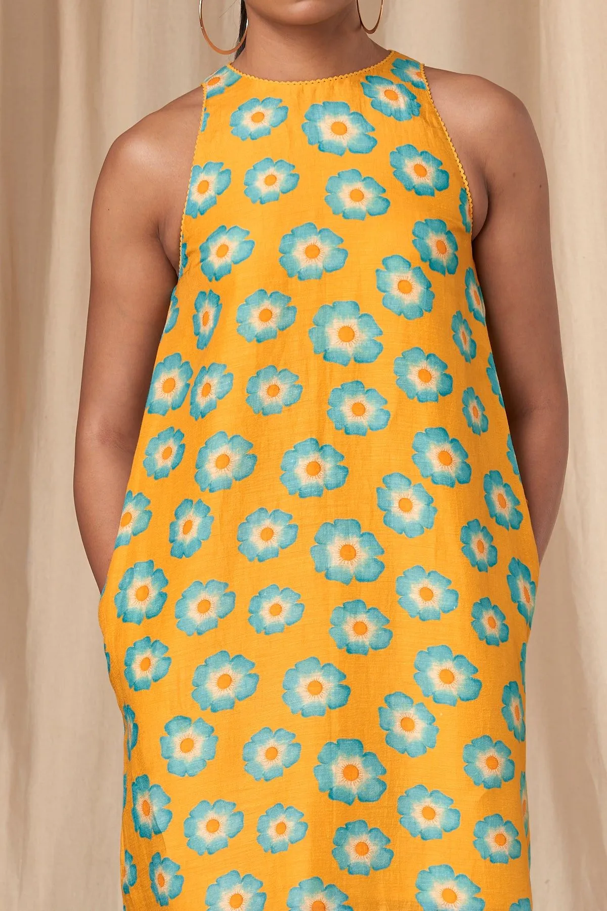 Classic Yellow Crazy Daizy Halter Neck Dress
