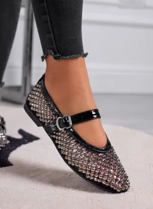 LAVINIA - Black Ballerina Flats with Rhinestones and Adjustable Strap