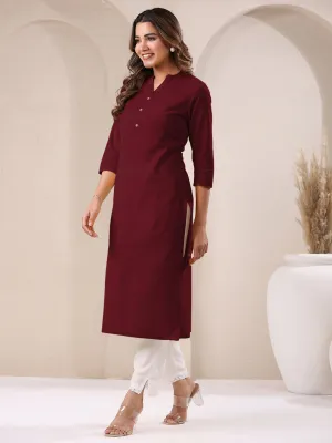 Maroon Cotton Solid Straight Kurta