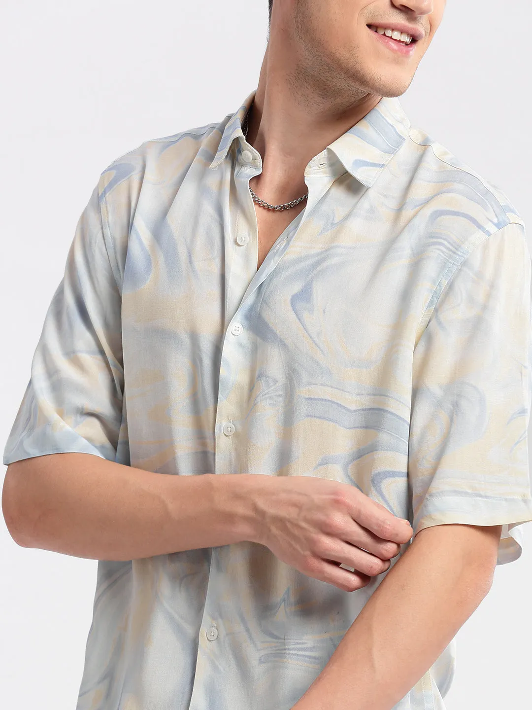 Men Cream Standard Printed Cotton Slim Fit Casual Shirt