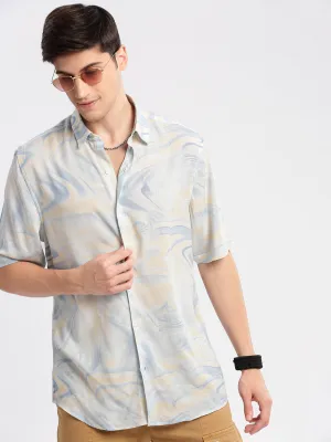 Men Cream Standard Printed Cotton Slim Fit Casual Shirt