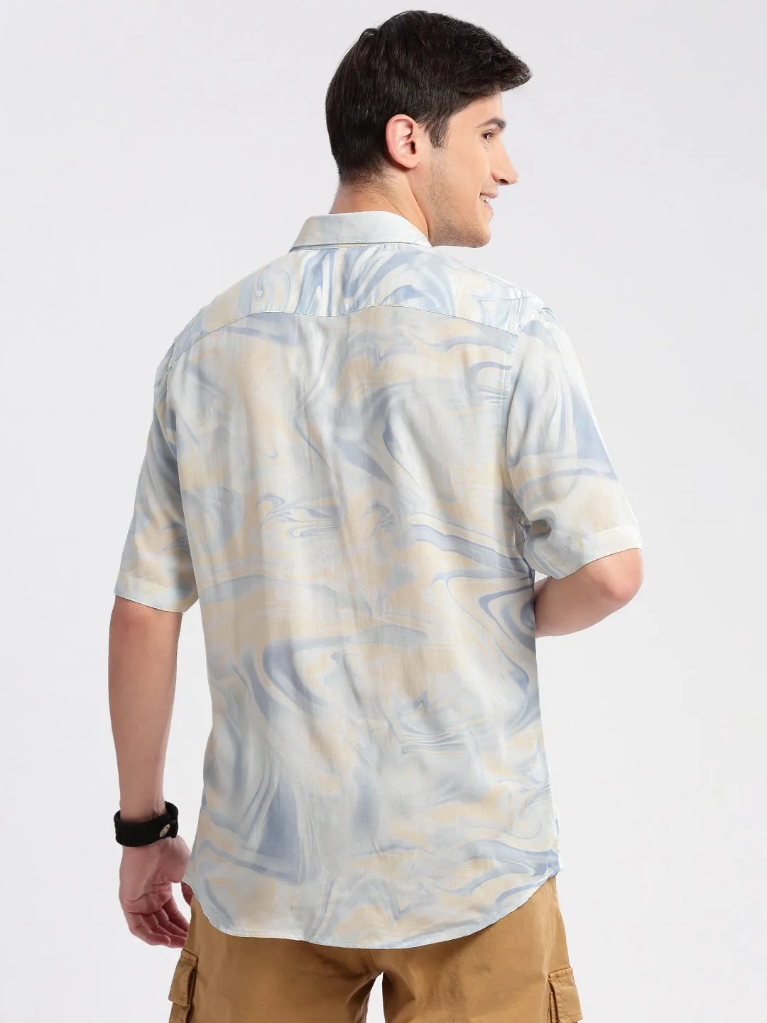 Men Cream Standard Printed Cotton Slim Fit Casual Shirt