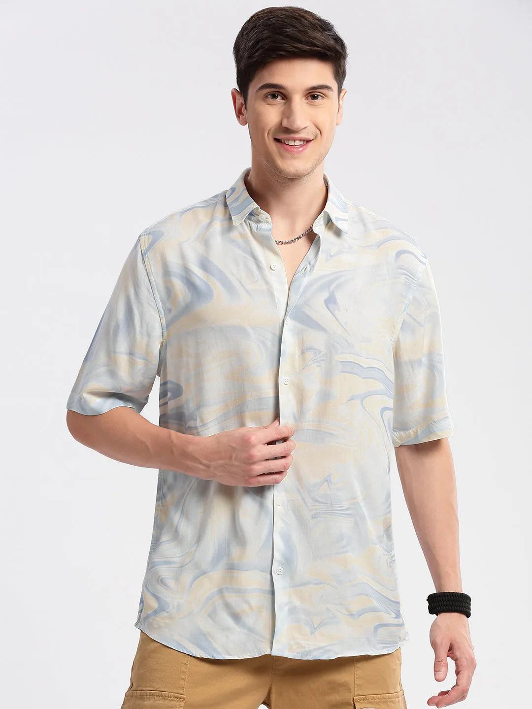 Men Cream Standard Printed Cotton Slim Fit Casual Shirt