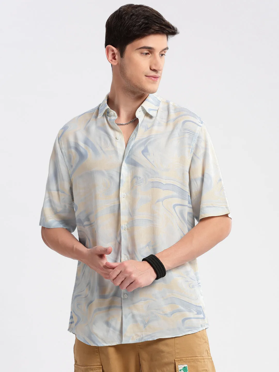 Men Cream Standard Printed Cotton Slim Fit Casual Shirt