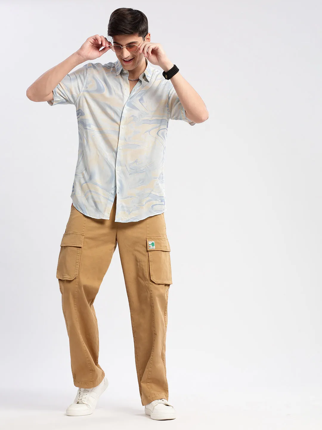 Men Cream Standard Printed Cotton Slim Fit Casual Shirt