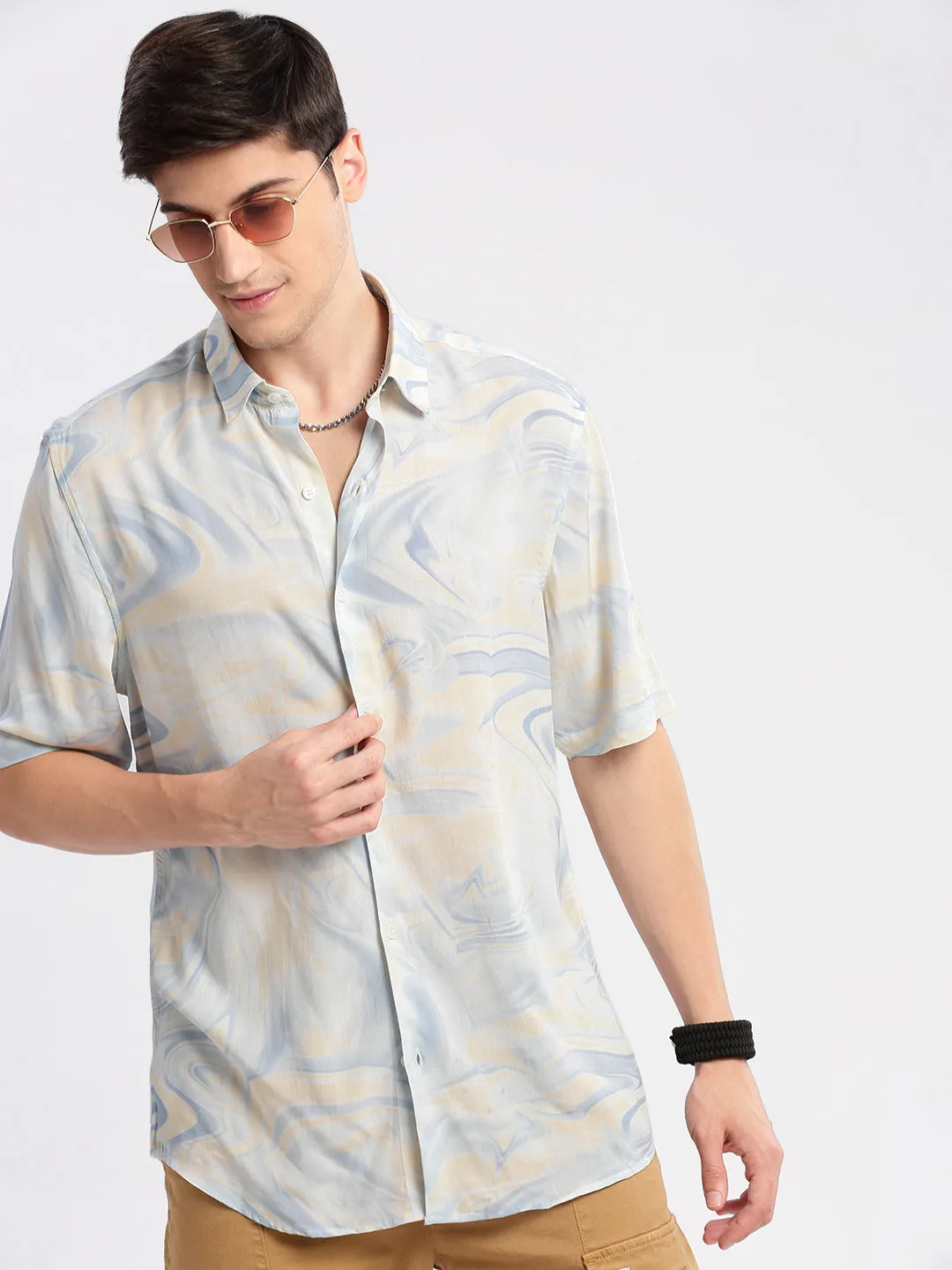 Men Cream Standard Printed Cotton Slim Fit Casual Shirt