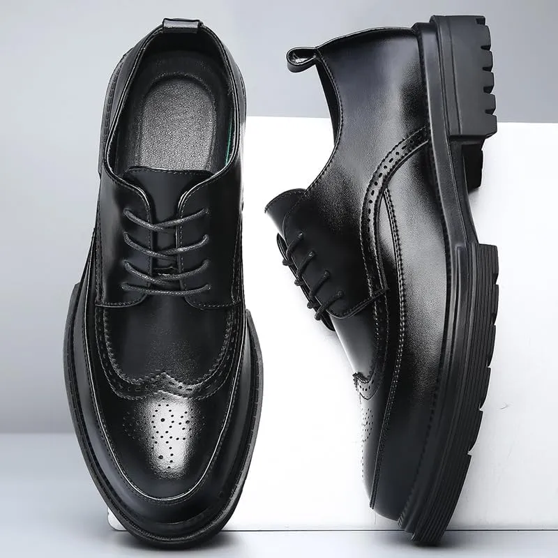 Men's Platform Dress Shoes Vintage Leather Brogue Wingtip Oxfords Classic Lace-up Lug Sole Casual Derby Shoes