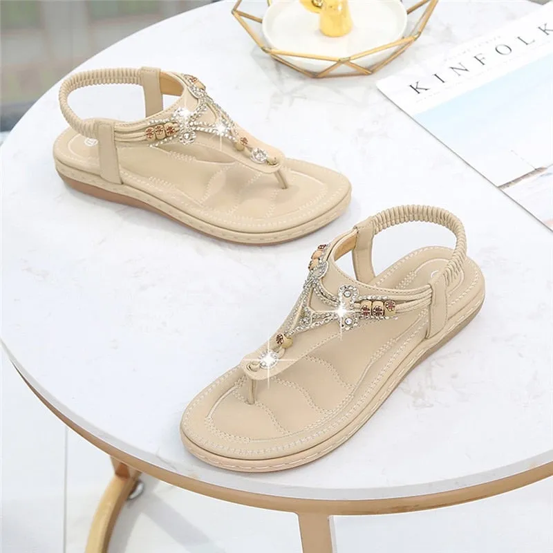 Nanccy Bohemia Women Ladies Fashion Crystal Bead Flat  Sandals