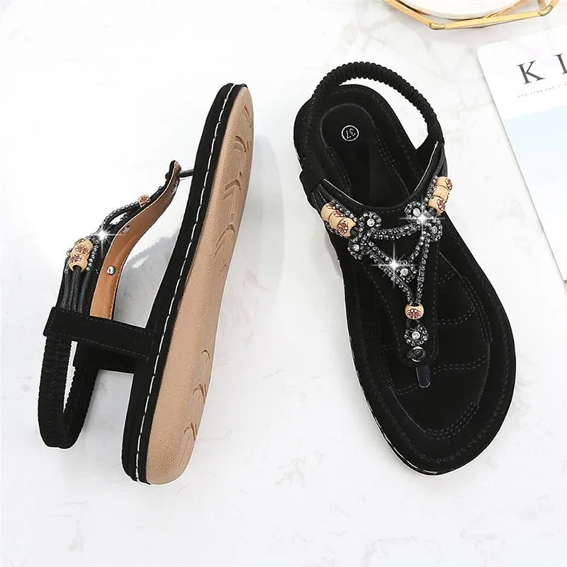 Nanccy Bohemia Women Ladies Fashion Crystal Bead Flat  Sandals