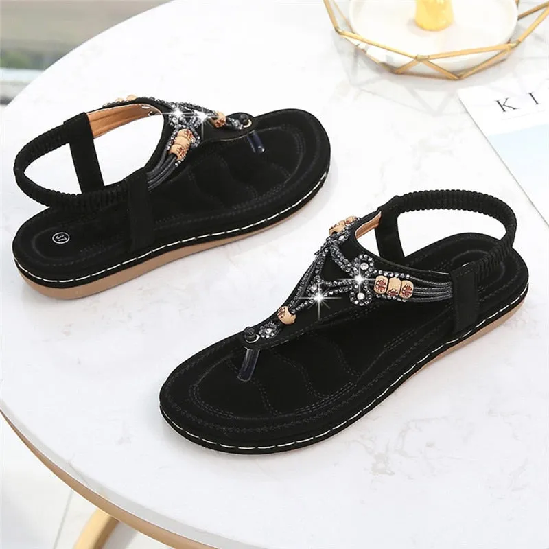 Nanccy Bohemia Women Ladies Fashion Crystal Bead Flat  Sandals
