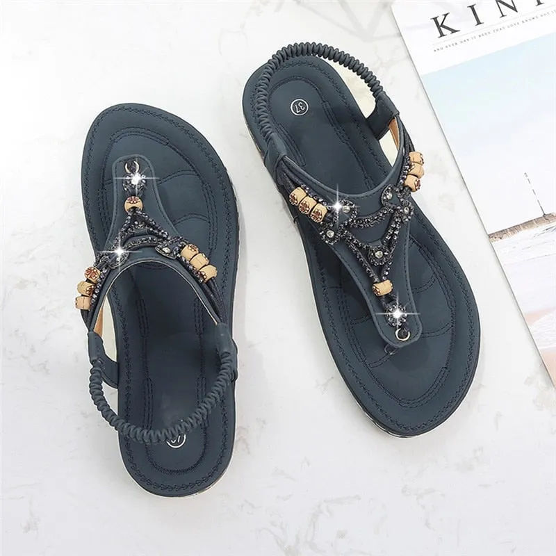 Nanccy Bohemia Women Ladies Fashion Crystal Bead Flat  Sandals