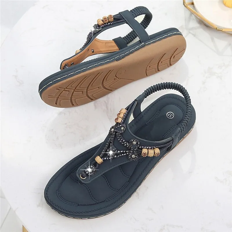 Nanccy Bohemia Women Ladies Fashion Crystal Bead Flat  Sandals