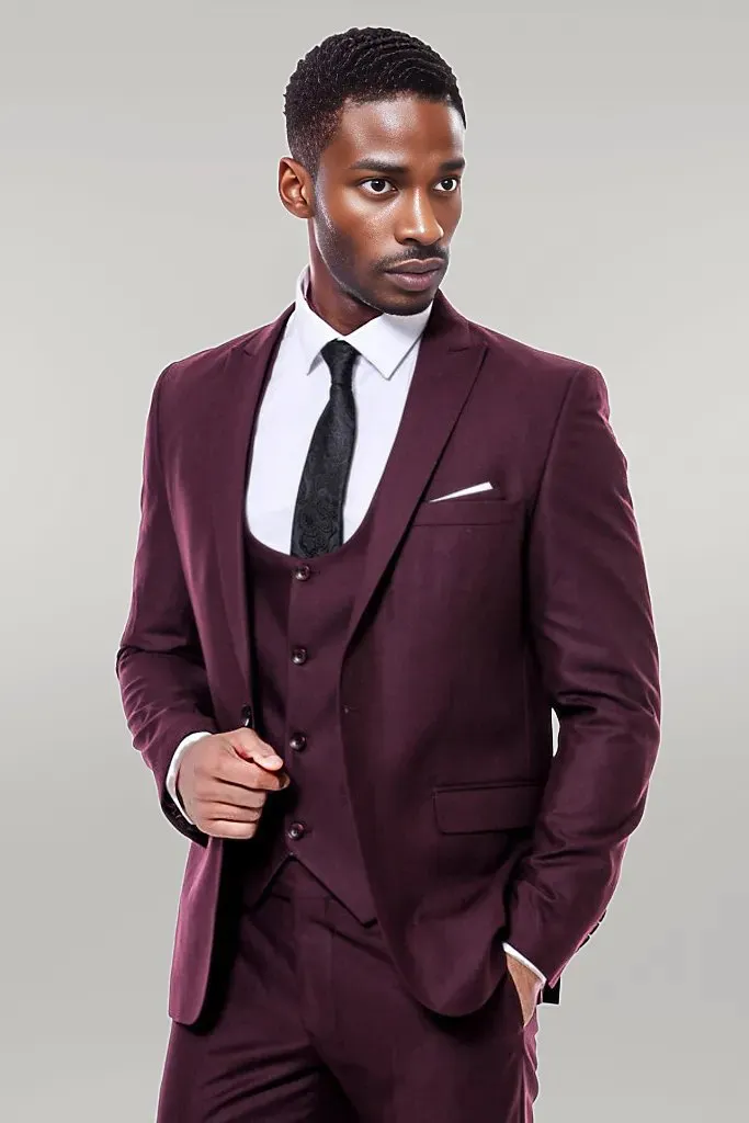 Plain Slim Fit Burgundy Men Suit - Wessi