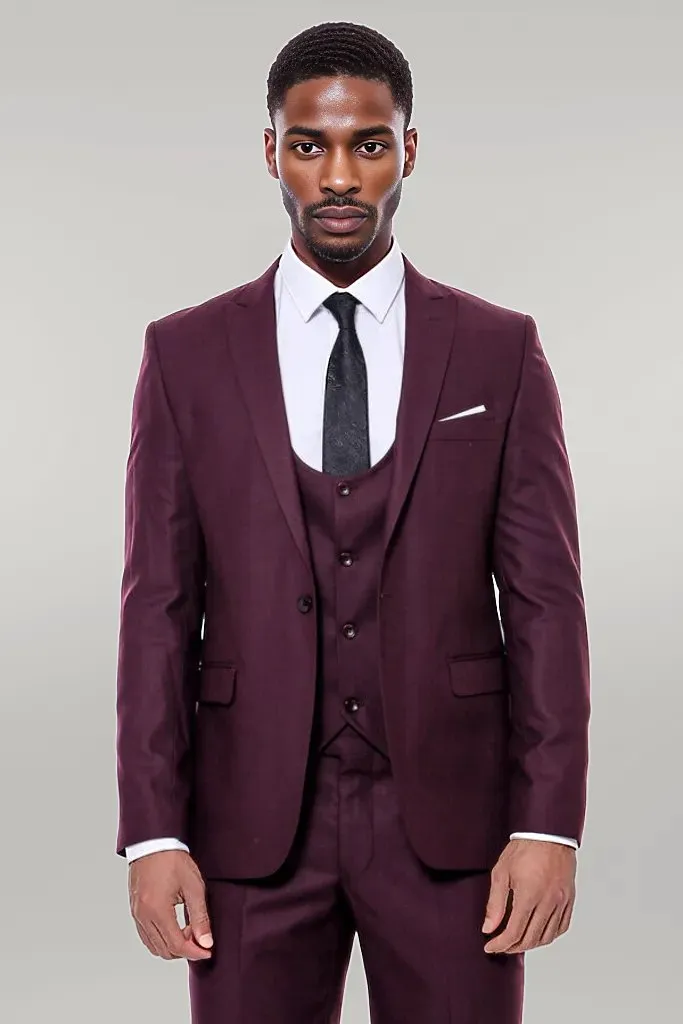 Plain Slim Fit Burgundy Men Suit - Wessi