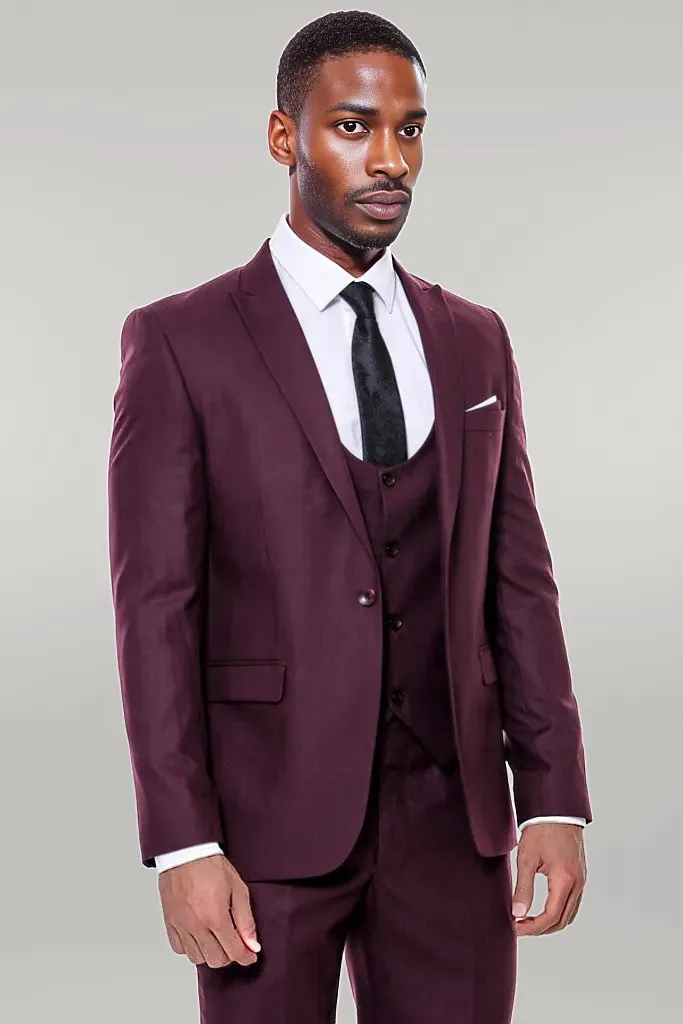 Plain Slim Fit Burgundy Men Suit - Wessi