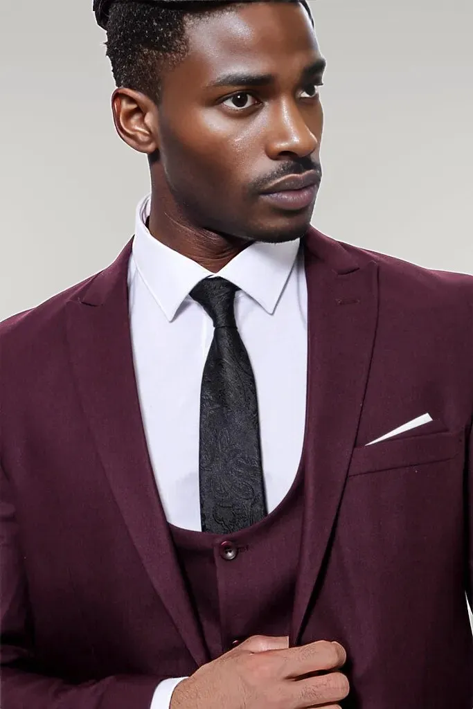 Plain Slim Fit Burgundy Men Suit - Wessi