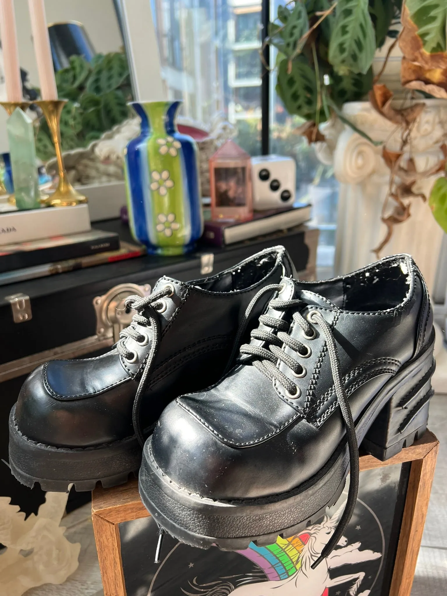 Vintage 90s Deadstock Black Platform Chunky Lace Up Oxfords by Bakers