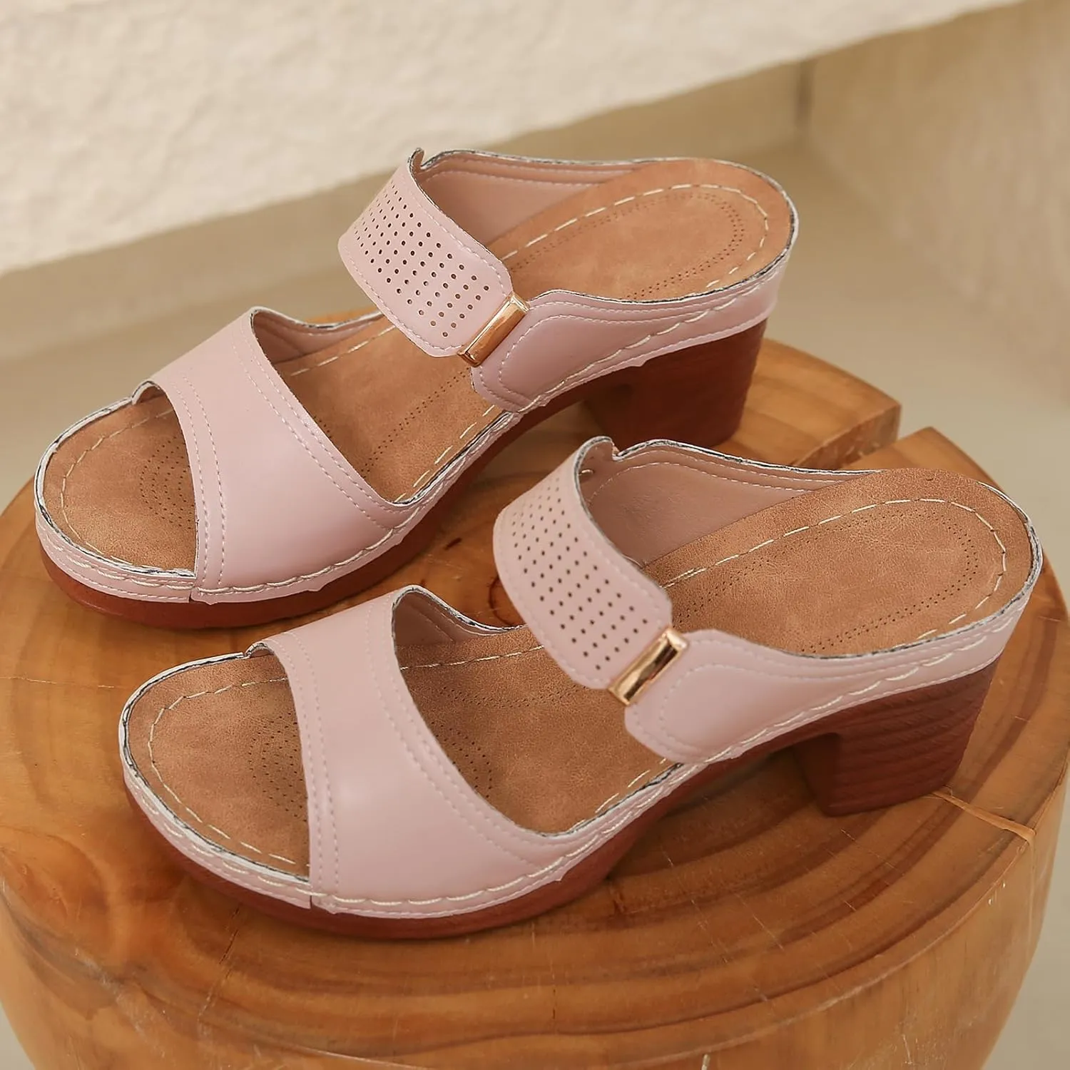 Womens Sandals Open Toe Block Heel Sandals Summer Dressy Slip on Wedge Sandal Comfortable Orthotic Arch Support Shoes Adjustable Ankle Strap Beach Walking Shoes